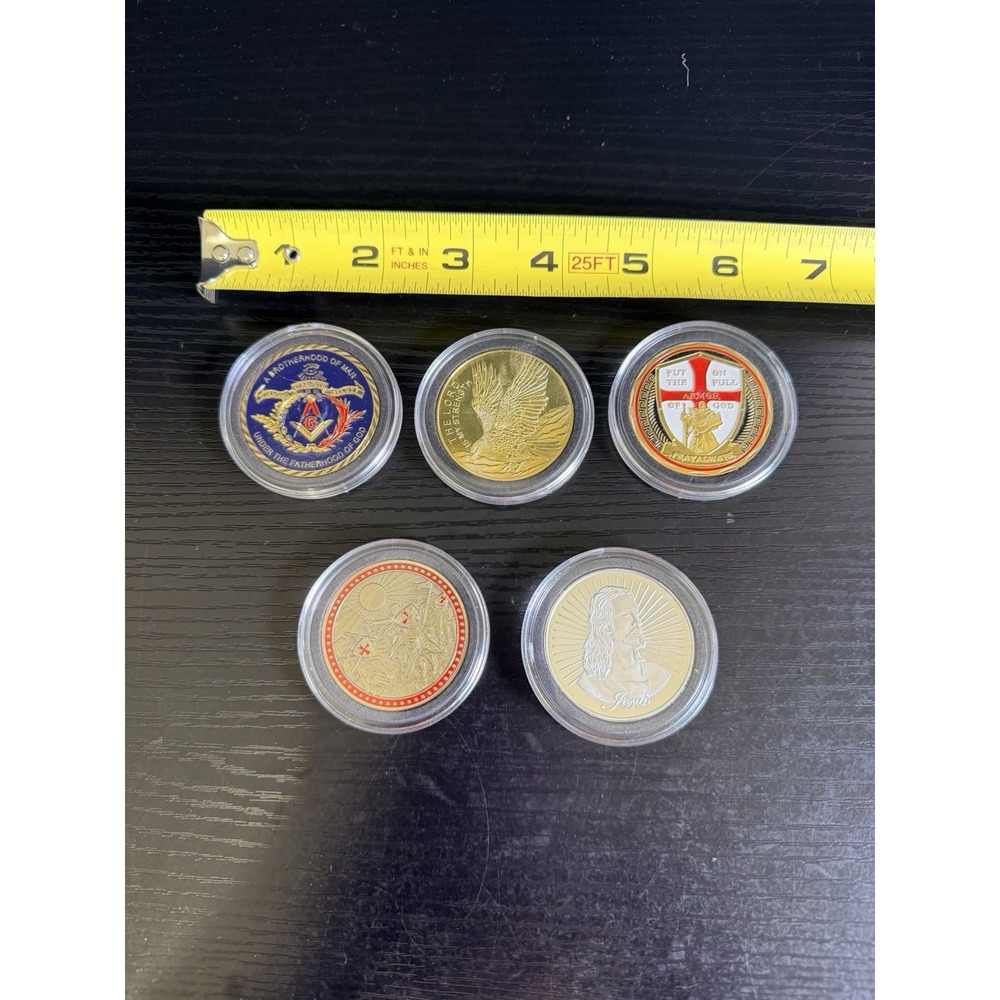 Christian Jesus Knights Templar Masonic Gold Tone Challenge Coin Token Lot of 5